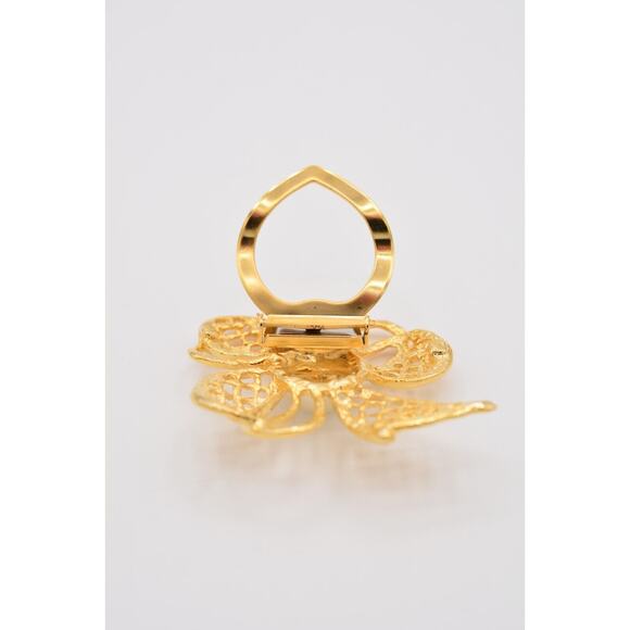 Vintage Bow Scarf Clip Faux Pearl Shiny Gold Tone Yellow Brushed 1980s 9B - Picture 10 of 12